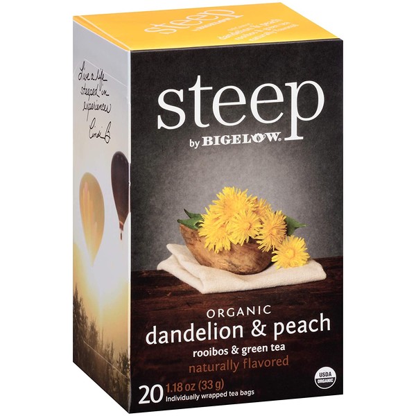 steep by Bigelow Organic Dandelion and Peach with Rooibos and Green Tea, 20 Count (Pack of 6), 120 Tea Bags Total
