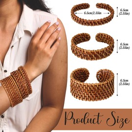 Landical 3 Pcs Handwoven Wooden Braided Rattan Knit Cuff Bracelet Adjustable Bohemian Chunky Wrap Bangle for Women Summer Ethnic Tribal Wrist Jewelry(Dark Brown)