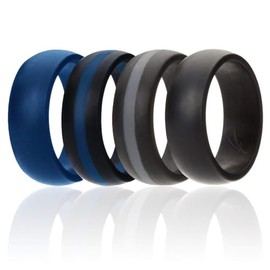 ROQ Silicone Rubber Wedding Ring for Men, Men's Wedding Band, Breathable Rubber Engagement Band, 8mm Wide 2mm Thick, Dome Style Middle Line, Solid Stripes, 4 Pack, Blue, Black, Grey, Size 16