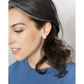 Women Pearl Stud Earrings, Fresh Water Cultured Pearls Button Shape 11,5-12,00 mm with a Small Zirconia Stone Secret & You | Sterling Silver 925 Mounts with big nuts.