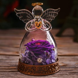 Aastin Angel Gifts for Women, Mom, Grandma, Preserved Real Rose in Glass Angel Figurine with LED Light, Rose Gifts on Mother's Day, Christmas, Birthday, Valentine's Day (Purple)