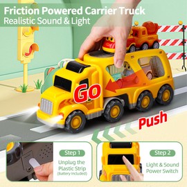 Daioller Pack of 5 Children's Cars 1-4 Years 1 x Truck with 4 Small Cartoon Vehicles for Retracting Colourful Transport Trolley with Sound and Light