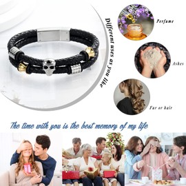 QGJNSGC Cremation Jewellery Skull Urn Bracelet for Ashes Keepsake Memorial Bangle Braided Leather Bracelet Cremation Bracelet for Men Women, Leather