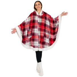 PAVILIA Wearable Blanket for Adult Women, Cozy Plush Fleece Blanket Poncho Cape with Hood, Super Soft Shawl, Angel Wrap Throw for Office, Tartan Plaid
