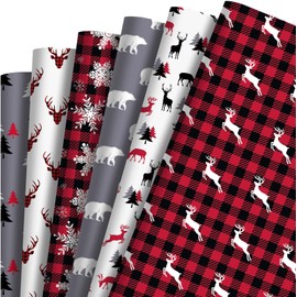 Sanixin 12 Sheets Christmas Wrapping Paper Red Grey Black White Reindeer Xmas Tree Snowflake Polar Bears Buffalo Plaid Pattern Rustic Gift Wrap Paper for Baby Shower Winter Holidays DIY Craft, 19.7 × 27.6 Inches