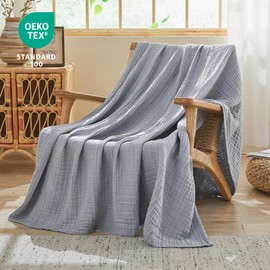 EMME Cotton Blanket, 100% Muslin Blanket, Adults, 150 x 200 cm, 4-Layer Sofa Blankets, Breathable, Soft Blanket, All Seasons, Prewashed, Couch Blankets, Cotton Bedspread, Grey Blue