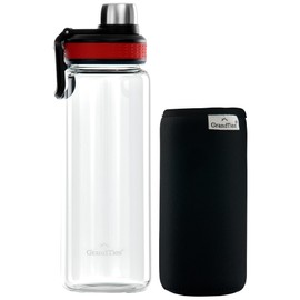 GRANDTIES 27 oz Borosilicate Glass Water Bottle – Wide Mouth, Spout Lid & Protective Sleeve, Dishwasher Safe, Leak-Proof, Reusable Sports Bottle for Gym & Travel – Red