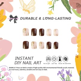 Fall Press on Nails Short Square MABKJLF Fake Nails Caramel Full Cover Gradient False Nails with Designs Gold Foil Glossy Glue on Nails Acrylic Nails Manicure Artificial Nails for Women Girls 24Pcs