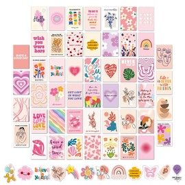 AMLUCOK 50PCS Pink Room Decor with 12 Cute Stickers, Kawaii Poster Wall Decor Flower Inspirational Preppy Collage Kit 4"x6" for Bedroom Teen Girl Women