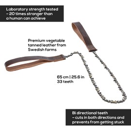 Nordic Pocket Saw for Camping - 25.6 Inch Pocket Chainsaw with 33 Bi-Directional Teeth - Made in Sweden with Organic Leather Handles and Case- Survival Saw and Emergency Saw for Clearing Trails