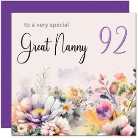 92nd Great Nanny Birthday Card - Purple Floral Great Grandma Birthday Card for 92 Year old Ninety two Ninety Second