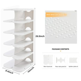 TXALWIQ 6-Tier Narrow Shoe Organizer, Adjustable Cubby Shoe Rack for Closet, Free Standing Shoe Slot Tower for Entrance, Stackable Space-Saving Shoe Storage Shelf for Entryway, White