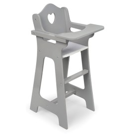 Badger Basket Executive Doll High Chair - Wooden Toy Chair with Liftable Tray, Fabric Seat Trim, and Realistic Design - Fits 18 Inch Dolls and More - Gray and White