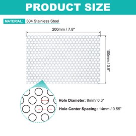 PATIKIL 7.9 x 3.9 inches, 304 stainless steel perforated plate, 0.3 inches, round hole, 20 ga expanded metal mesh plate, sieve, decorative mesh for ventilation grill