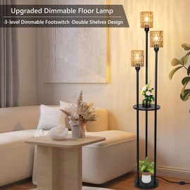 Stepeak Dimmable Boho Floor Lamps for Living Room, 3-Lights Farmhouse Floor Lamp with 3-Way Foot Switch, Rattan Floor Lamp with Shelves, Rustic Standing Lamp with Rattan Shades, Tall Lamps for Bedroom