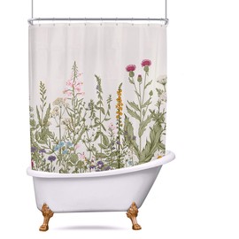 Riyidecor Clawfoot Tub Extra Wide Shower Curtain 180Wx70H Inch Wrap All Around Circular Round Floral Wildflower Botanical Tulip Plants Ivy Herbs Decor Bathroom Polyester Waterproof Metal Hooks 32 Pack
