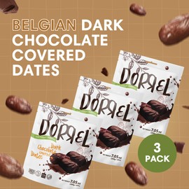 DORREL - Belgian Dark Chocolate Covered Medjool Dates, High Energy Vegan Choco Snack Delicious, Kosher & Non-GMO, Pack of 3 Chocolate Covered Dates, 7.05 oz / 200 g Ea