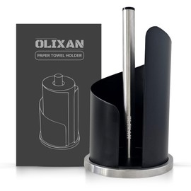 OLIXAN Stainless Steel Paper Towel Holder Countertop,Weighted Base for Stability, Modern Spiral Cover Design to Keep Paper Towel Clean, Easy One-Handed Operation for Kitchen Bathroom Farmhouse,Black