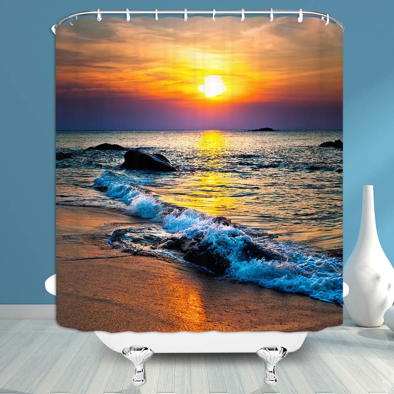 Ocean Beach Shower Curtain Beach Sunrise Sunset Scene Ocean Waves
