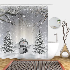 Abaysto Merry Christmas Winter Snowman Shower Curtain Xmas Tree Snowflake Scene Holiday Bathroom Decor Pine Tree Covered Snow Fabric Bath Curtains Set with Hooks 150X180 CM