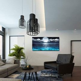 Wall Art for Living Room Large Size Ocean Blue Clear Seascape Giclee Artwork Full Moon in Cloud Landscape Stretched Picture Canvas Prints for Home Bedroom Decor - 30x60 Inch