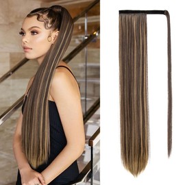 Long Straight Ponytail Extension Clip in, 32 Inch Wrap Around Ponytail Heat Resistant Synthetic Pony Tail Hair Extainson Brown to Blonde Mixed Ponytails for Women Girls (Brown to Blonde)