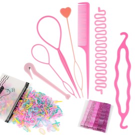 Tail Hair Tools, Hair Loop Pull Through Tools, Hair Braiding Tools with Hair Elastics Hair Plaiting Rat Tail Comb Bands Remover and Hairpin, Hair Updo for Girls Women French Hair Styling