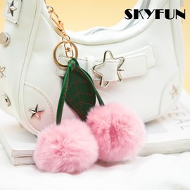 SKYFUN Cherry Keychain Plush Big Fluffy Cherry Keychain Bag Charms for Handbags Fuzzy Cherry Ball Purse Charms Wallet Backpack Jewelry Accessories Gift for Birthday Christmas, Pink