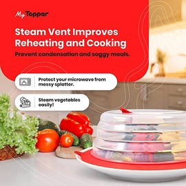 PlateTopper Collapsible Microwave Food Plate Cover Lid – Microwave Splatter Guard w Steam Vent - BPA Free & Non Toxic - Easy Grip Handle – Dishwasher Safe – Airtight Suction Ring for Food Storage