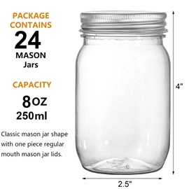 Tebery 24 Pack Clear Plastic Mason Jars with One Piece Lids, 8OZ Mason Cocktail Cup Shatterproof Drinking Jar, Refillable Empty Slime Storage Containers for Overnight Oats, Honey, Spices and Herbs