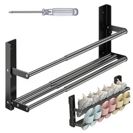 VAIGU:OA Metal Shoe Rack - 2 Levels Shoe Holder Wall Shoe Rack, 37-67 cm Extendable Shoe Rack Space Saving for Bathroom, Caravan, Can Be Used in Bedroom and Living Room (Black)