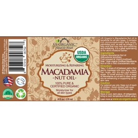 Aceite orgánico de nueces de macadamia virgen sin refinar, certificado orgánico, puro y natural, prensado en frío, en botella de vidrio ámbar con cuentagotas de vidrio para una fácil aplicación (4 onzas (grande)