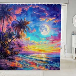 Cortina de baño de acuarela con ondas de mar, colorido cielo pintura al óleo Sunny Beach Baño Cortina de ducha para niños y niños, tela impermeable con ganchos para puestos, 72 de ancho x 78 pulgadas