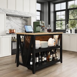 GarveeHome Wooden Kitchen Island with Storage, Bakers Rack, Power Outlet & LED Lights, Large Kitchen Island Table with 3 Tier Microwave Stand Oven Shelf for Kitchen Dining Room Living Room, Black