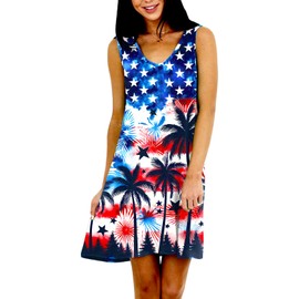 Women July 4th Tank Dress American Flag Memorial Day Dresses Stars Stripes Tunic Dress with Pockets L