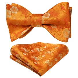 HISDERN Orange Bow Ties for Men Wedding Floral Self Tie Bowtie Jacquard Bowties Handkerchief Silk Woven Jacquard Formal Bowtie and Pocket Square Set