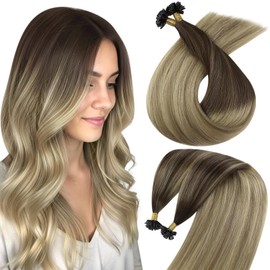 Sunny Hair Long K Tip Hair Extensions 50G K Tip Hair Extension Human Hair Dark Roots to Golden Brown Mix Blonde K Tip Hair Extension Soft K Tip Extensions Versatile 24inch 50s