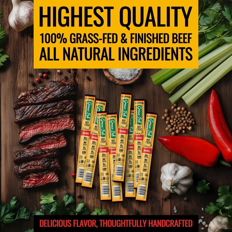 Tillamook Country Smoker 100% Grass Fed Beef Sticks, Zero Sugar,