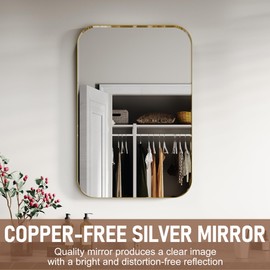 SL4U 24 x 36 Inch Gold Aluminum Alloy Framed Bathroom Mirror, Tempered Glass, Rounded Rectangle Bathroom Mirror, Hangs Vertical & Horizontal