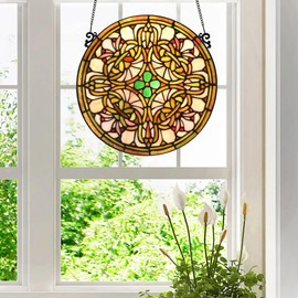 Fine Art Lighting - Tree of Life Tiffany Style Stained Glass Window Panel (KP122N), Yellow Sun Flower Design, Round Hanging Decorative Panel, 12" Diameter