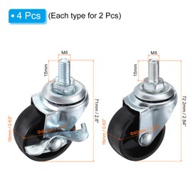 PATIKIL 1.5 Inch Stem Casters Wheels, Wire Shelf Caster M8 Threaded Swivel Wheels for Furniture Wire Shelving Rolling Cart Replacement, Black (2 with Brake, 2 without Brake)