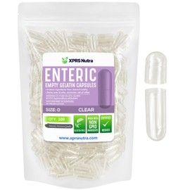 XPRS Nutra Size 0 Empty Capsules - 100 Count Clear Enteric Coated Empty Gelatin Capsules - Delayed Release Pills - DIY Capsule Filling - Pure Bovine Empty Enteric Gel Caps