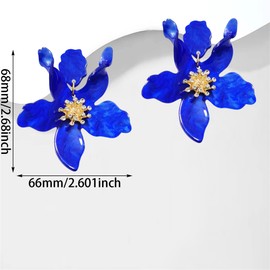 Unique Bohemian Oversized Acrylic Resin Flower Dangle Drop Earrings Summer Retro Large Sparkly Hawaii Crystal Flower Lei Stud Earrings for Women Statement Wedding Jewelry Gifts (Royal blue-22)