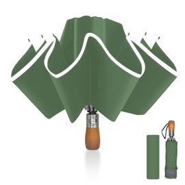 Pioggistar Windproof Umbrella for Men and Women, Inverted Umbrellas 10 Ribs, Wooden Handle Umbrella, Automatic Open and Close, Compact, Diameter 105 cm, Green