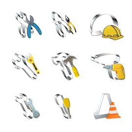 WDYJMALL Konstruktionswerkzeug Ausstechformen, 9-teiliges Set, Scherenzange, Sicherheitshut, Helm, verstellbarer Schraubenschlüssel, Schlagbohrer, Schraubenschlüssel, Schraubendreher,