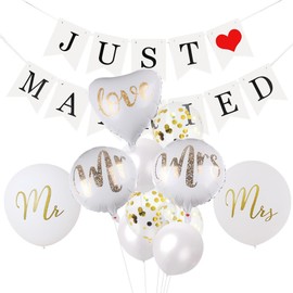 15 Piece Elegant Just Married Decorations Set, Includes Banners, Mr & Mrs Balloons, Perfect Wedding Decorations for Newlyweds, Ideal for Wedding Parties, Honeymoon Rooms, and Celebrations