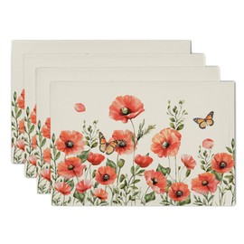 Spring Floral Placemats Set of 4 Farmhouse Table Decor Green Leaf Butterfly Place Mats 12 x 18 Inch Waterproof Spring/Summer Flowers Heat Resistant Linen Seasonal Table Mats for Home Kitchen Dining