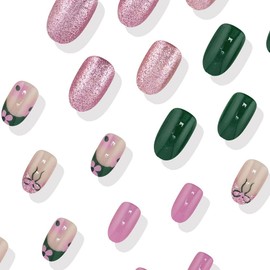 24 Pcs Green Press on Nails Short Almond,YIHONGYAN Cute Bow Flowers Design Fake Nails Press ons Pink French Nails Tip Acrylic Kit Glue on Nails Full Cover False Nails Glossy Stick on Nails for Women