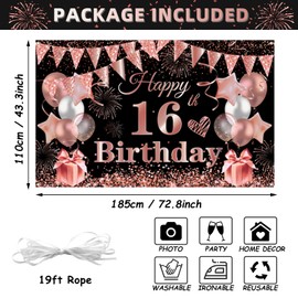 TUTUXMA 16th Birthday Party Decorations, 16th Black Rosegold Birthday Backdrop Banner Photo Booth Sign Decoration, Large Sixteen Birthday Banner Background for Girls 16th Birthday Party Supplies