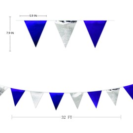 Royal Blue Silver Party Decorations Navy Blue Triangle Pennant Banner Flag Metallic Fabric Bunting Garland for Birthday Graduation Wedding Retirement Nautical Ahoy Achor Pirate Theme Party Supplies